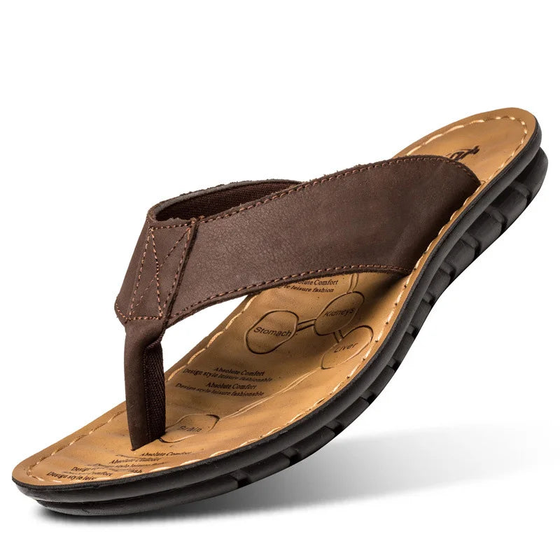 Sommer Schuhe Herren Hausschuhe Echtes Leder Flip-Flops Flache Sandalen Urlaub Rutschfest Schwarz Khaki