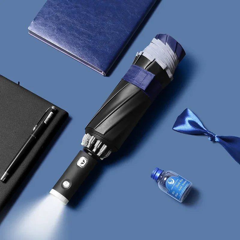 Vollautomatischer Sonnenschutzschirm mit LED-Taschenlampe - Klappbarer wasserdichter UV-Sonnenschirm, regenfest, windresistenter Schirm