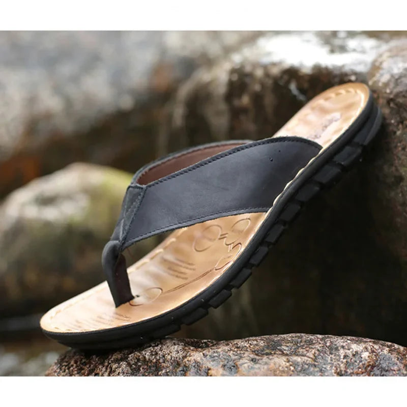 Sommer Schuhe Herren Hausschuhe Echtes Leder Flip-Flops Flache Sandalen Urlaub Rutschfest Schwarz Khaki