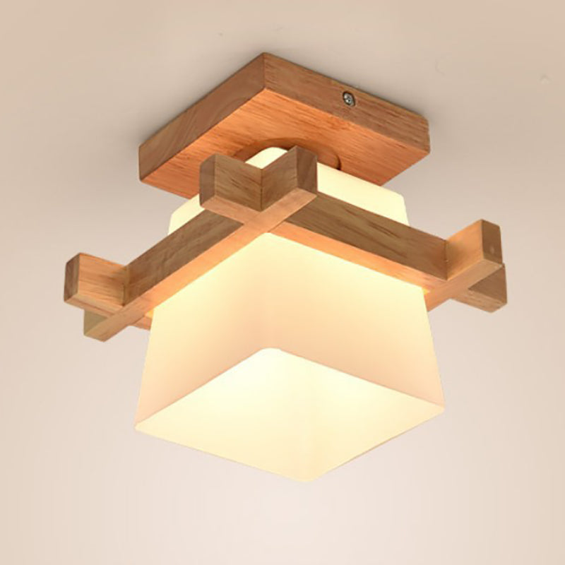 Traditionelle Japanische Holzrahmen Glas Säule 1-Licht Semi-Flush Mount Deckenleuchte Für Wohnzimmer