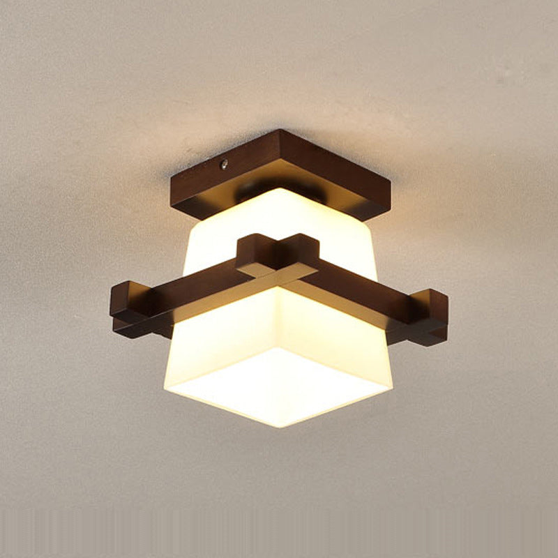 Traditionelle Japanische Holzrahmen Glas Säule 1-Licht Semi-Flush Mount Deckenleuchte Für Wohnzimmer