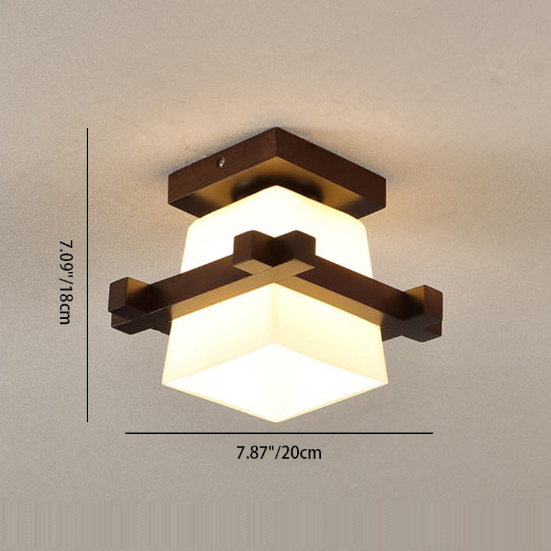 Traditionelle Japanische Holzrahmen Glas Säule 1-Licht Semi-Flush Mount Deckenleuchte Für Wohnzimmer