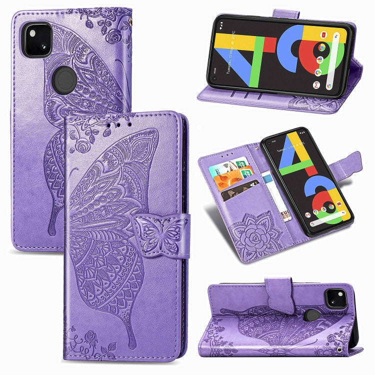 Für Google Pixel 4A Schmetterlingsliebe Blume Prägung Horizontal Flip Lederhülle mit Halter / Kartensteckplatz / Geldbörse / Lanyard (Helllila)