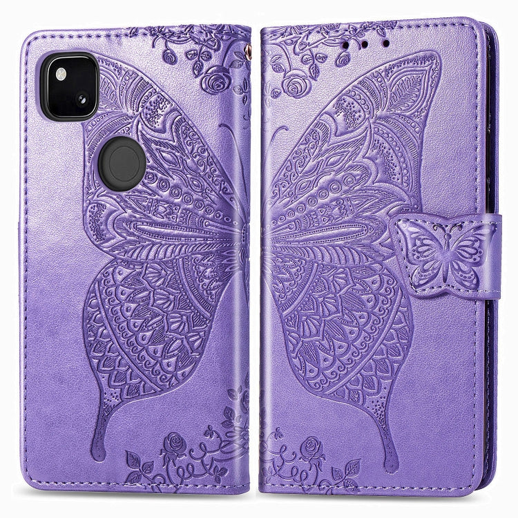 Für Google Pixel 4A Schmetterlingsliebe Blume Prägung Horizontal Flip Lederhülle mit Halter / Kartensteckplatz / Geldbörse / Lanyard (Helllila)