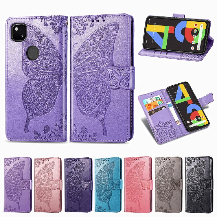 Für Google Pixel 4A Schmetterlingsliebe Blume Prägung Horizontal Flip Lederhülle mit Halter / Kartensteckplatz / Geldbörse / Lanyard (Helllila)