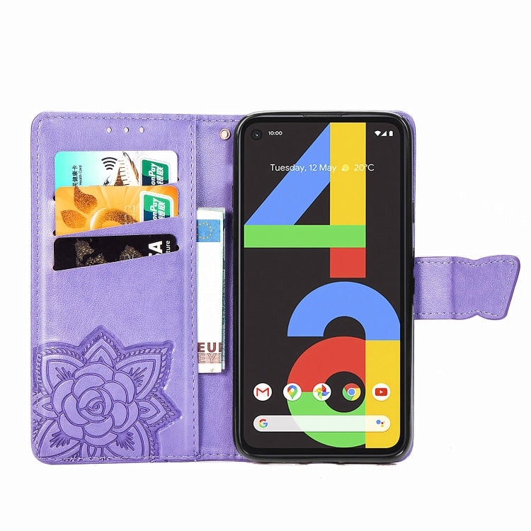 Für Google Pixel 4A Schmetterlingsliebe Blume Prägung Horizontal Flip Lederhülle mit Halter / Kartensteckplatz / Geldbörse / Lanyard (Helllila)