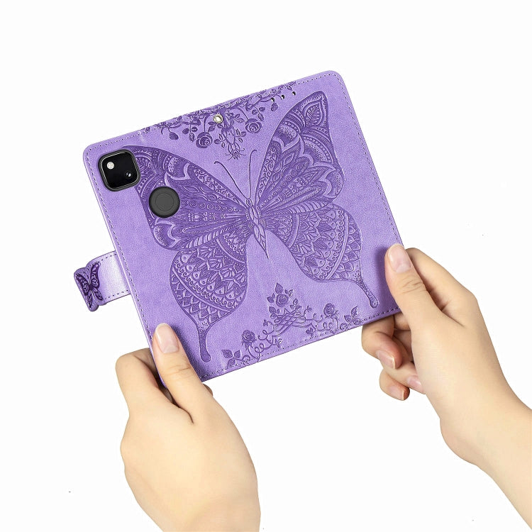 Für Google Pixel 4A Schmetterlingsliebe Blume Prägung Horizontal Flip Lederhülle mit Halter / Kartensteckplatz / Geldbörse / Lanyard (Helllila)