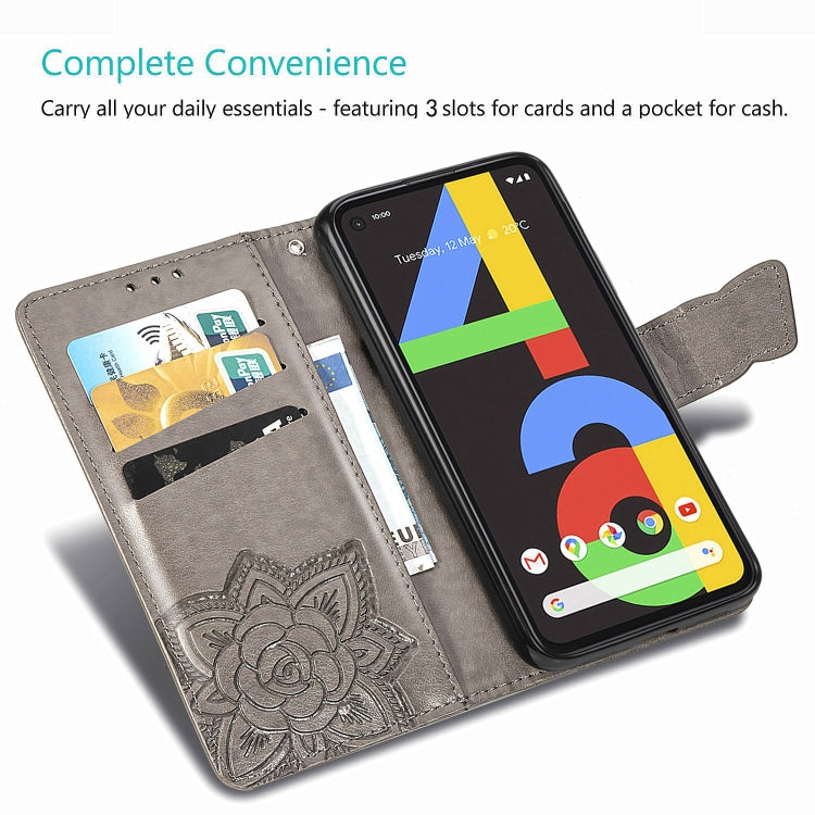 Für Google Pixel 4A Schmetterlingsliebe Blume Prägung Horizontal Flip Lederhülle mit Halter / Kartensteckplatz / Geldbörse / Lanyard (Helllila)
