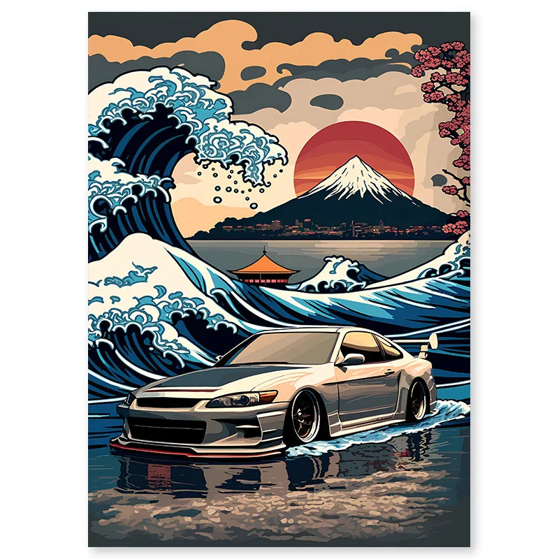 Retro Auto Leinwandmalerei Japan Mount Fuji Sonnenuntergang Wandkunst Landschaftsposter Wohnzimmer Innendruck Bilder Heimdekoration
