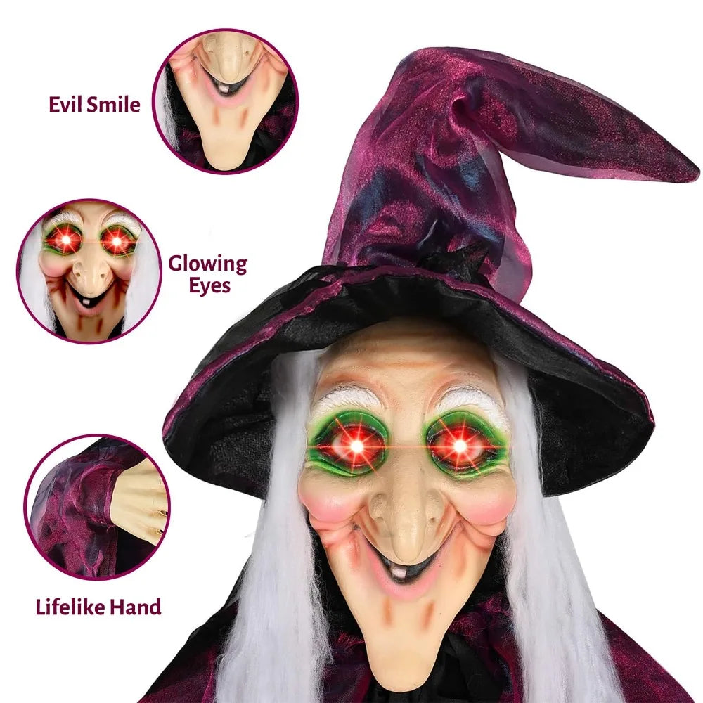 6-Fuß Lebensgroße Animierte Sprechende Hexe in Lila – Geräuschaktivierte Halloween-Hexe mit Leuchtenden Augen und Kreischendem Geräusch für Innen- und Außendekoration