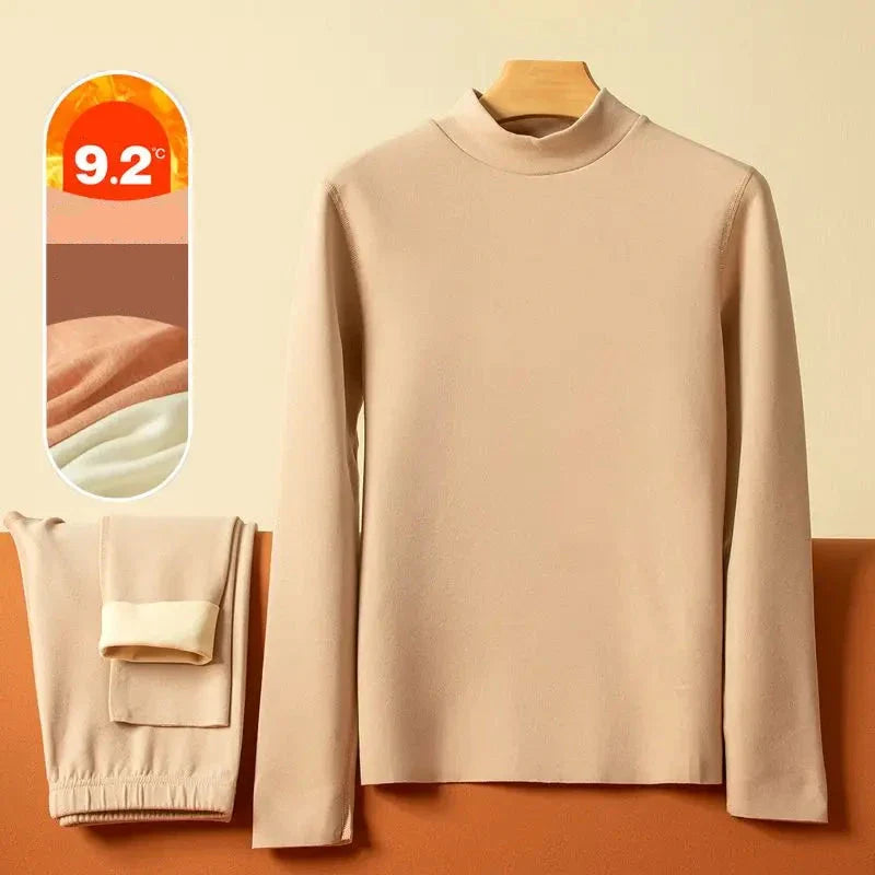Samt Thermounterwäsche Set für Frauen - Warmes Mittel-Hochkragen Basisschicht, Nahtlose Loungewear für den Winter