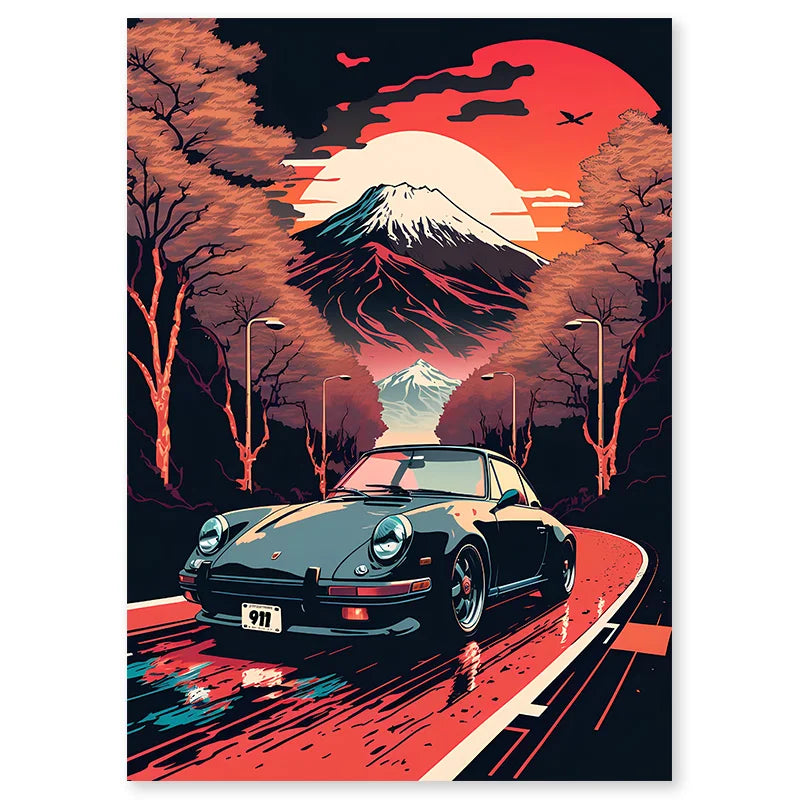 Retro Auto Leinwandmalerei Japan Mount Fuji Sonnenuntergang Wandkunst Landschaftsposter Wohnzimmer Innendruck Bilder Heimdekoration