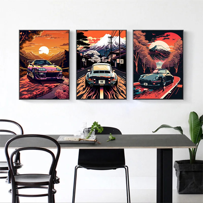 Retro Auto Leinwandmalerei Japan Mount Fuji Sonnenuntergang Wandkunst Landschaftsposter Wohnzimmer Innendruck Bilder Heimdekoration
