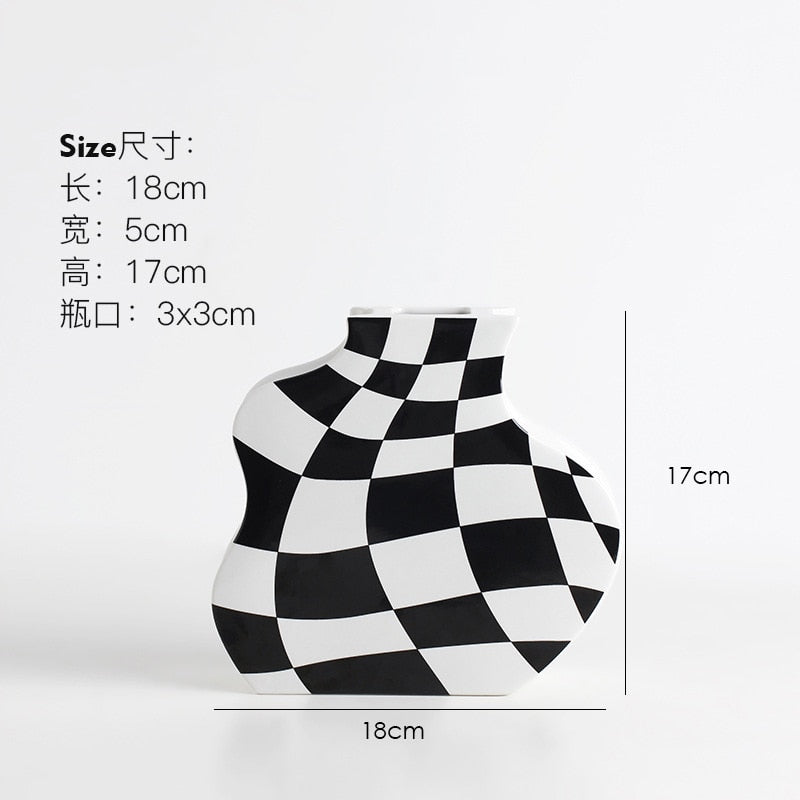 Schwarz-weiße Keramikvase, Dekoration, Schachbrettmuster, High Sense, getrocknete Blumenvase, Wohnzimmer, Blumenarrangement, Heimdekoration