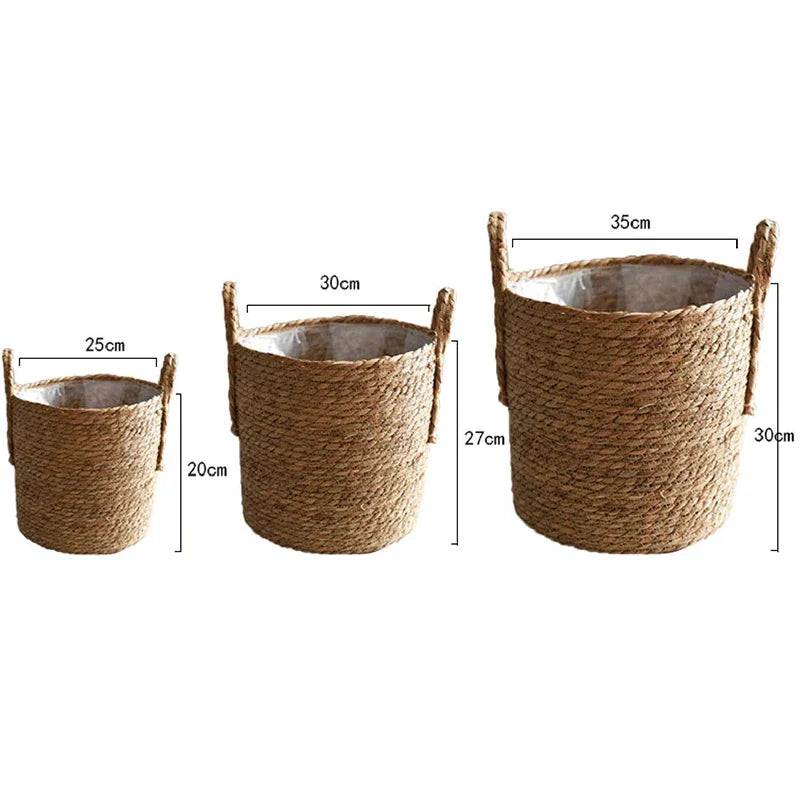 Skandinavischer Extra Large Strohtopf Meeresalgen Aufbewahrungskorb Topfpflanze Blumenkorb Handgewebter Boden Innenblumentopf