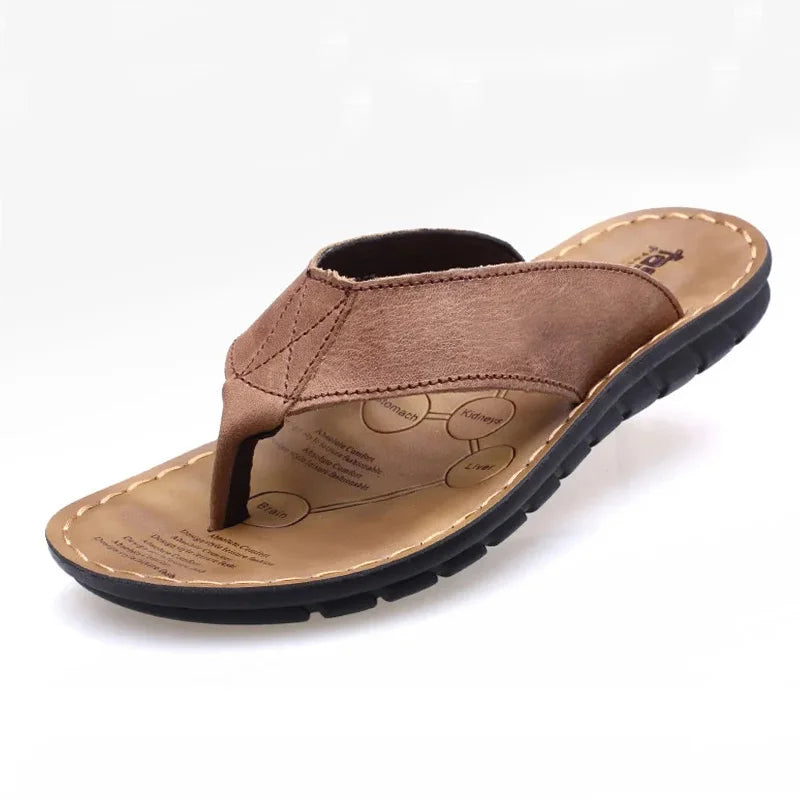 Sommer Schuhe Herren Hausschuhe Echtes Leder Flip-Flops Flache Sandalen Urlaub Rutschfest Schwarz Khaki