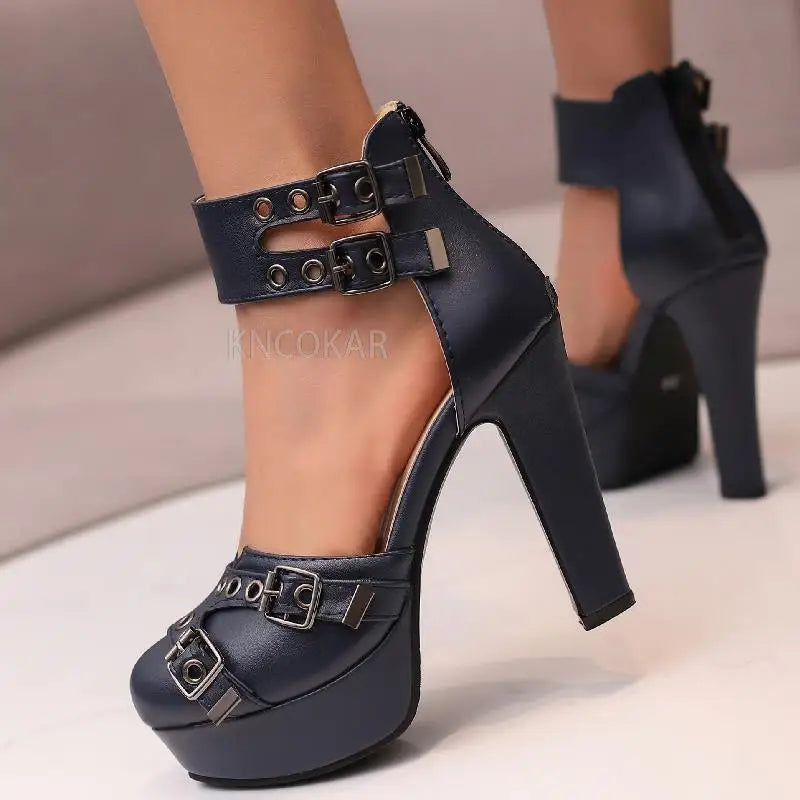 Roman Sandalen Damen Runde Kopf Baotou Gürtel Schnalle Britischer Stil Dicke Ferse Ultra Hohe Ferse Dicke Sohle Schuhe