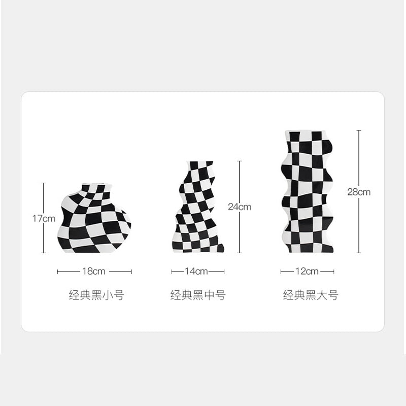 Schwarz-weiße Keramikvase, Dekoration, Schachbrettmuster, High Sense, getrocknete Blumenvase, Wohnzimmer, Blumenarrangement, Heimdekoration