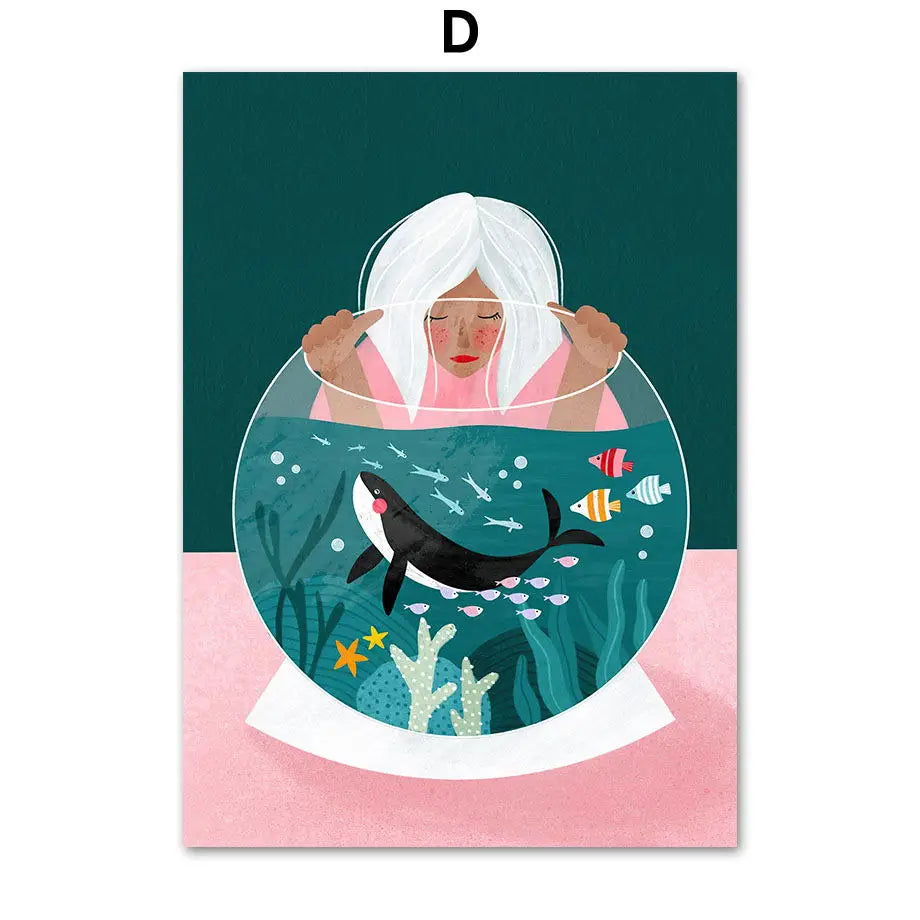 Wal Delfin Leopard Mädchen Bea Muller Kunstausstellung Leinwandmalerei Nordische Poster und Drucke Wandbilder Wohnzimmer Dekor