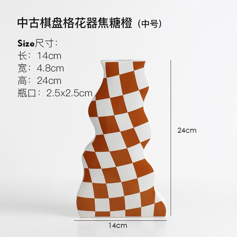 Schwarz-weiße Keramikvase, Dekoration, Schachbrettmuster, High Sense, getrocknete Blumenvase, Wohnzimmer, Blumenarrangement, Heimdekoration