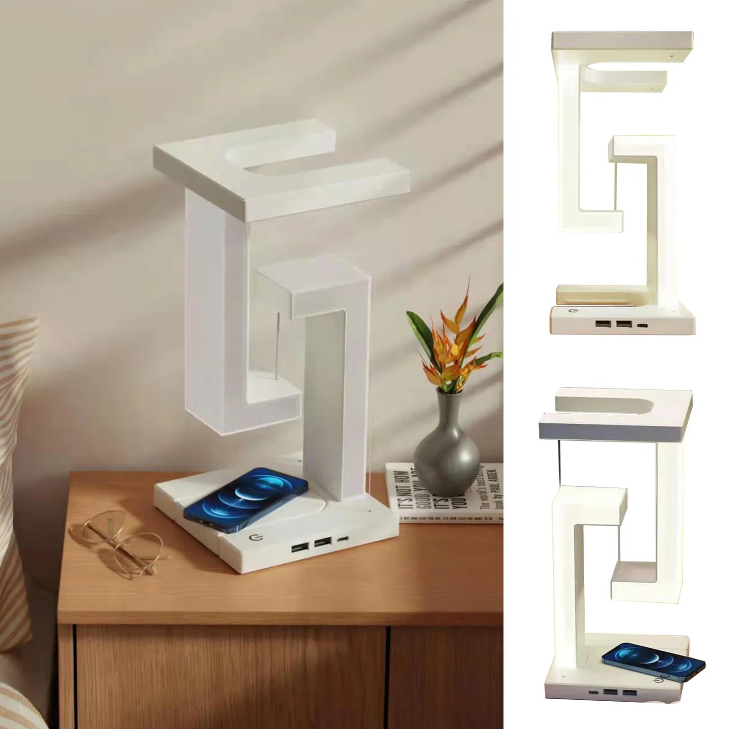 Hängende Anti-Schwerkraft LED Schreibtischlampe mit 10W kabellosem Ladegerät – Dimmbares Nachtlicht für Schlafzimmer, Nachttisch und Büro