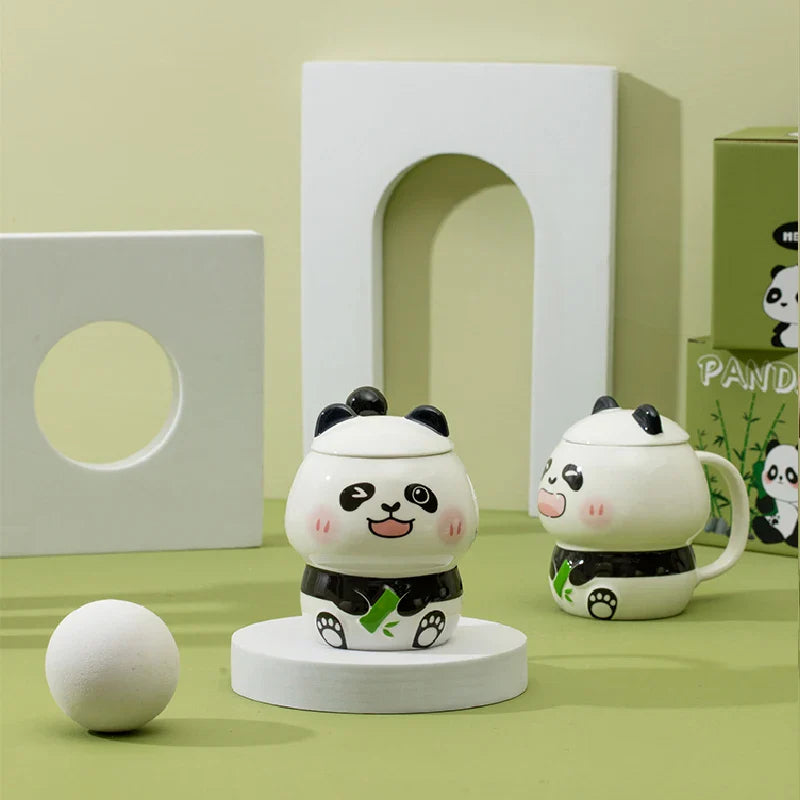 Keramische Panda-Tassen mit Deckel & Löffel