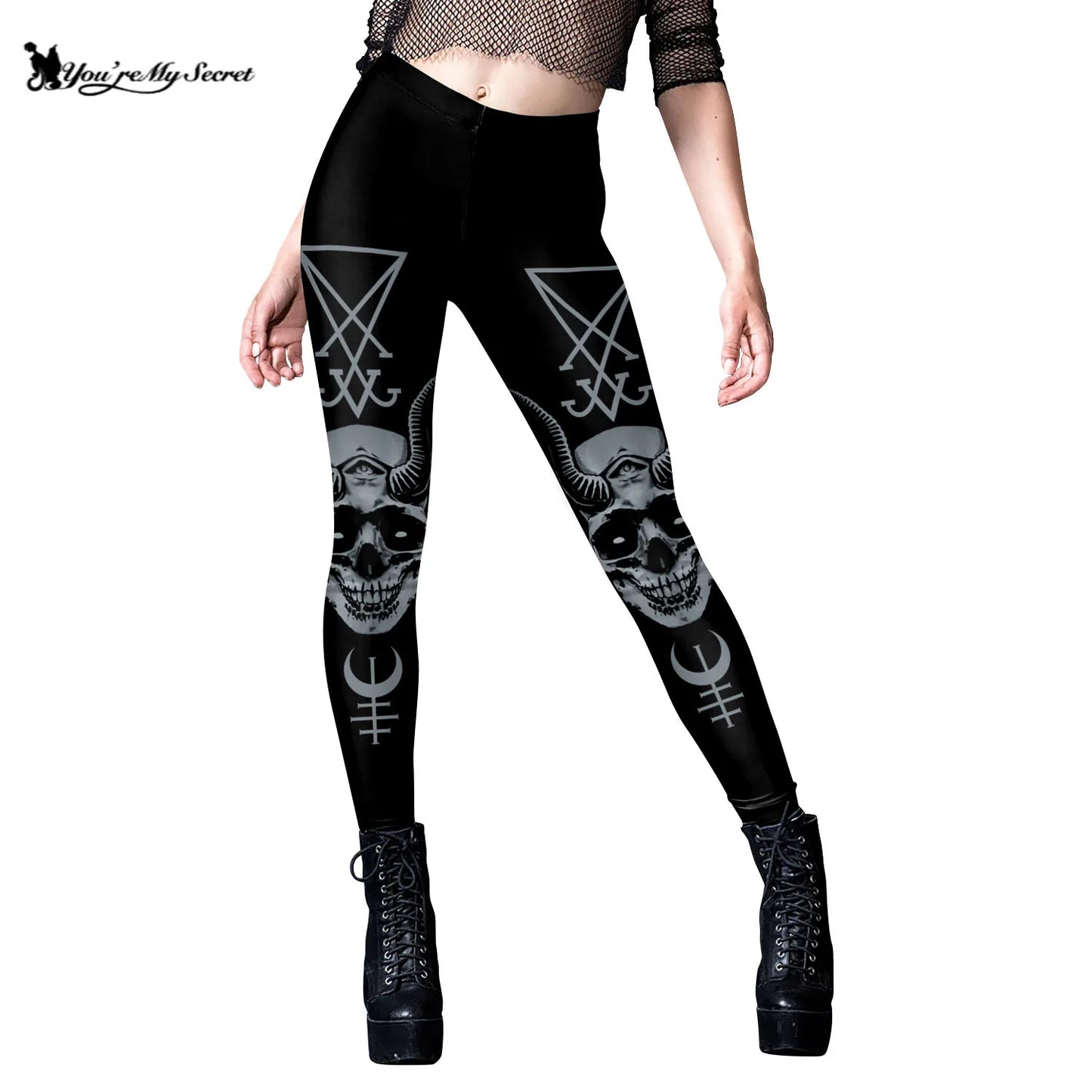 Gothic Leggings Für Frauen Ouija Workout-Hosen Dunkles Grunge Schwarze Katze Schädel Leggings Teufel Satan Leggings