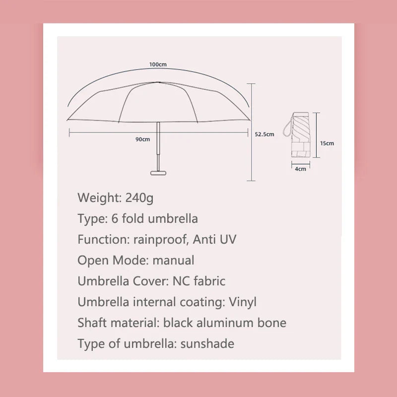Kompakte 6-Falt Mini Sonnenschirm: Tragbare UV-blockierende Regen- & Sonnenschirm für Reisen