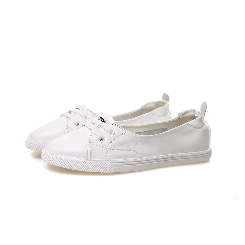 100% Echtes Leder Schuhe Frauen Flach Causal Schuhe Weiches Rindsleder Weiße Flats