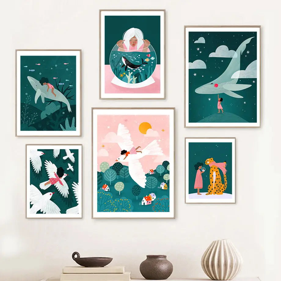 Wal Delfin Leopard Mädchen Bea Muller Kunstausstellung Leinwandmalerei Nordische Poster und Drucke Wandbilder Wohnzimmer Dekor