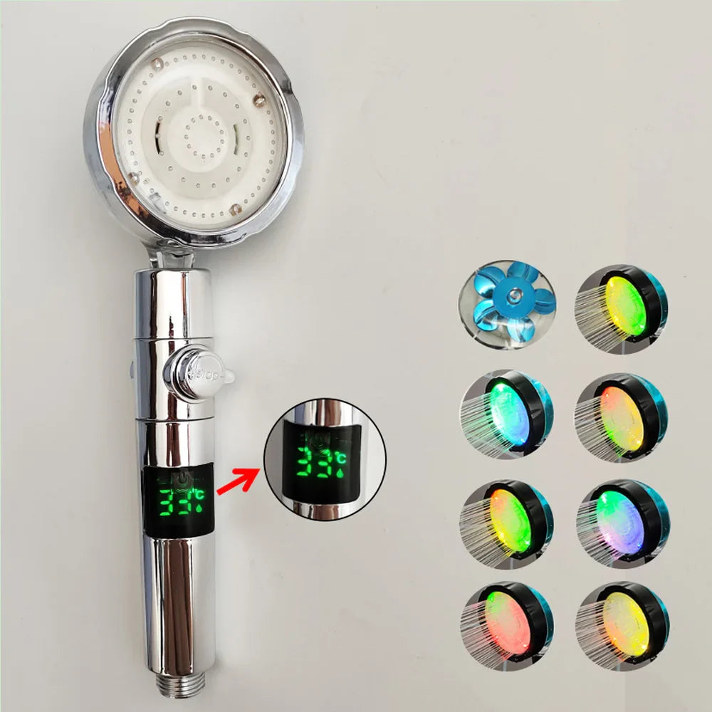 LED Digital Temperaturanzeige Duschkopf | Schwarz mit buntem Ventilator & Temperaturregelung | Hochdruck Regen Duschkopf für das Badezimmer