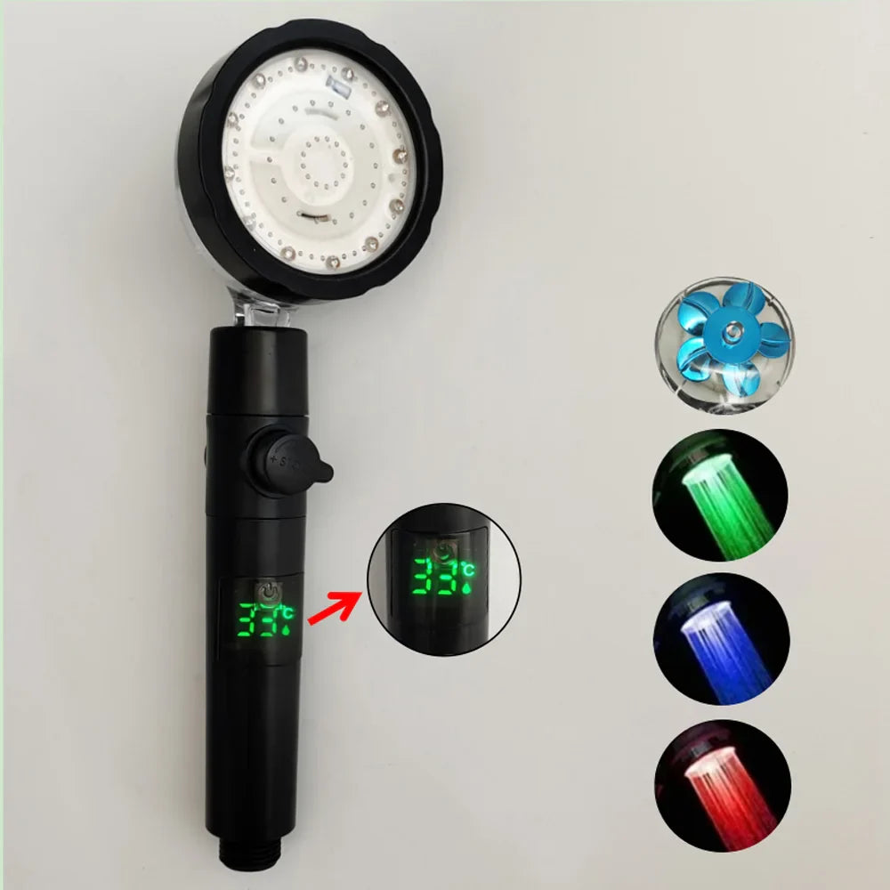LED Digital Temperaturanzeige Duschkopf | Schwarz mit buntem Ventilator & Temperaturregelung | Hochdruck Regen Duschkopf für das Badezimmer