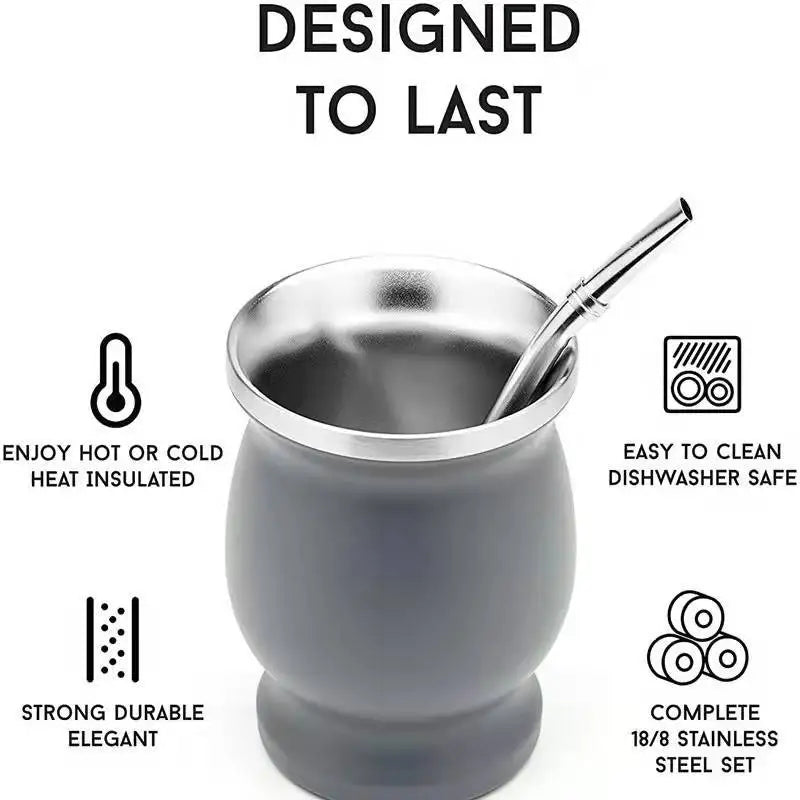 2PCS Tee Tasse Stroh Löffel Set Edelstahl 304 Argentinien Yerba Mate Kaffee Milch Trinken Calabash Isolierte Holzmaserung Tassen