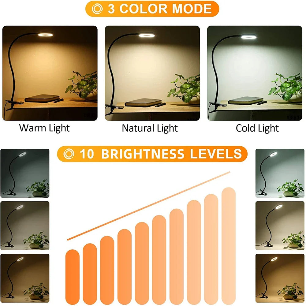 LEDs Clip-On Schreibtischlampe - 360° flexibel, augenschonendes USB-Leselicht zum Studieren