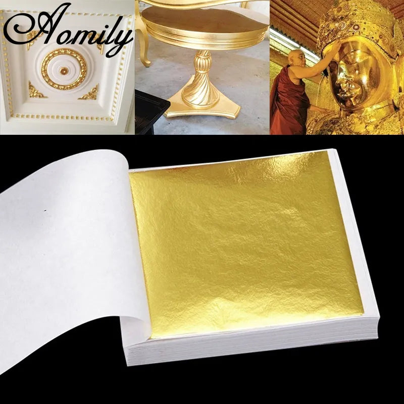 100 Blatt Aomily 9x9cm reines glänzendes Goldblatt - Ideal zum Vergolden von Möbeln, Wänden, Handwerken, Bastelarbeiten - Vergoldungsdekoration