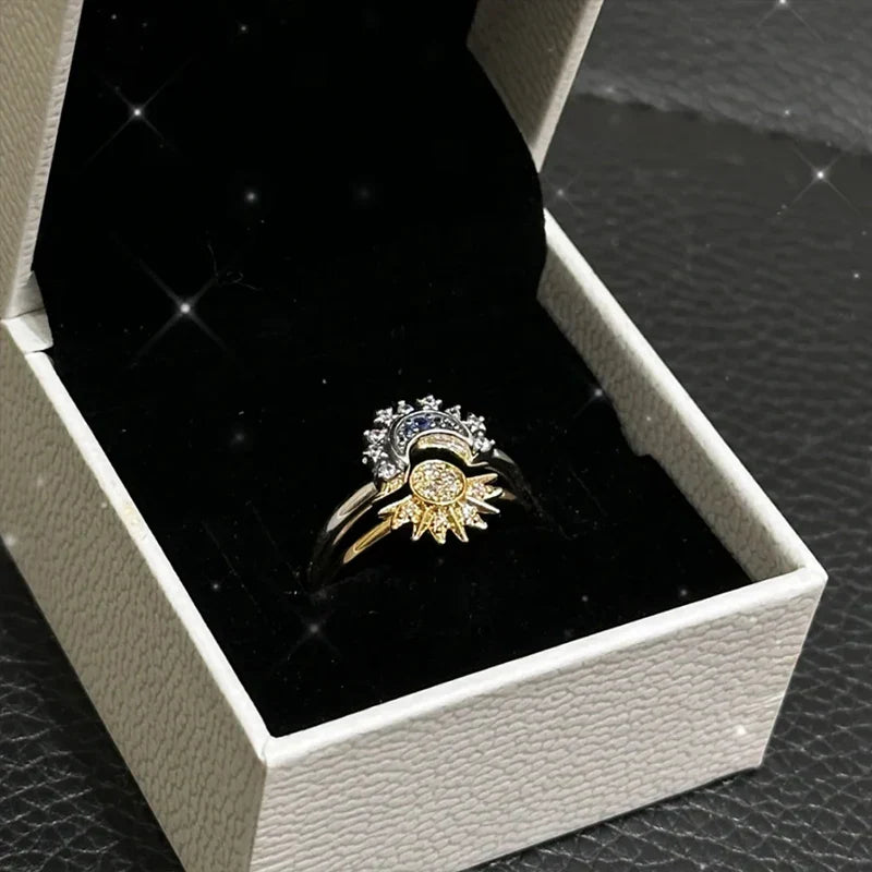 Himmels Sonne und Mond Charm Funkelnder Ring