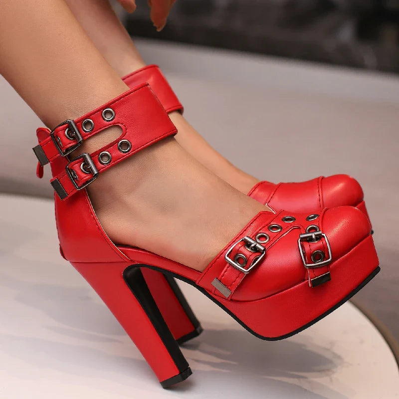 Roman Sandalen Damen Runde Kopf Baotou Gürtel Schnalle Britischer Stil Dicke Ferse Ultra Hohe Ferse Dicke Sohle Schuhe