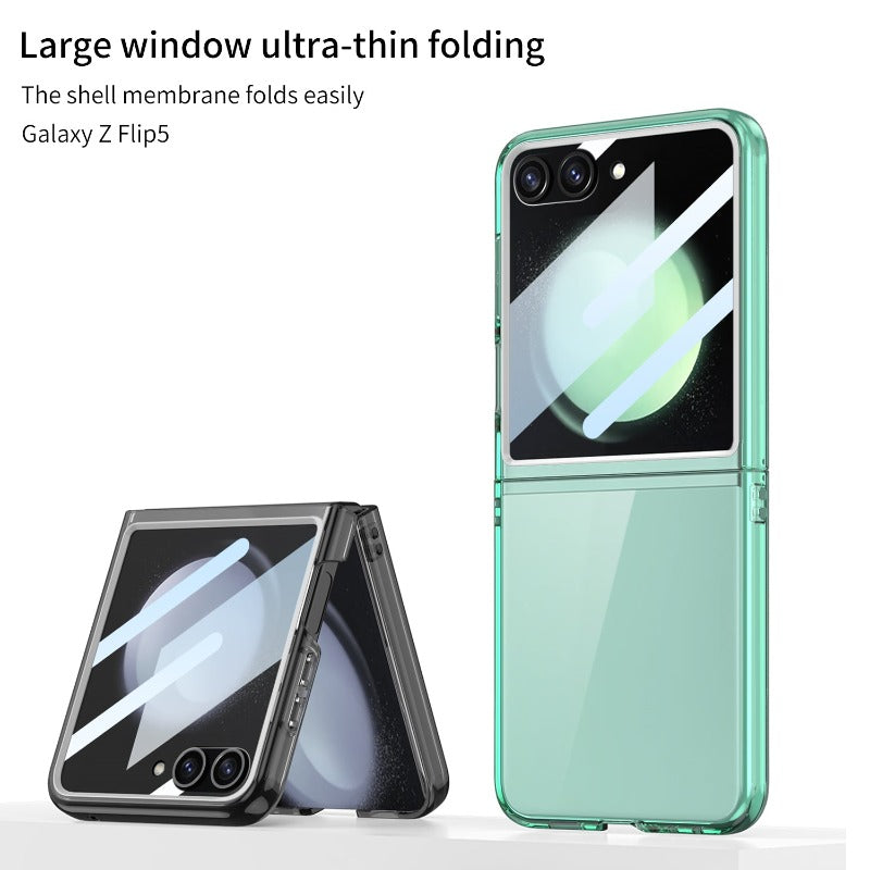 Großes Fenster, faltbares, schlankes, transparentes Telefongehäuse mit gehärteter Glasfolie für Samsung Galaxy Z Flip 5