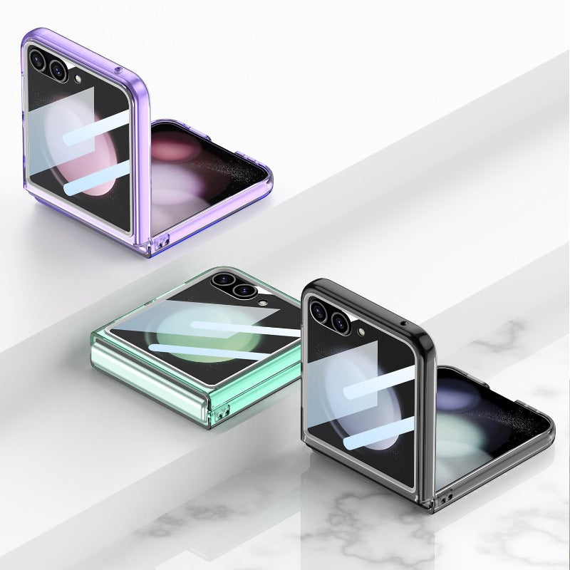 Großes Fenster, faltbares, schlankes, transparentes Telefongehäuse mit gehärteter Glasfolie für Samsung Galaxy Z Flip 5