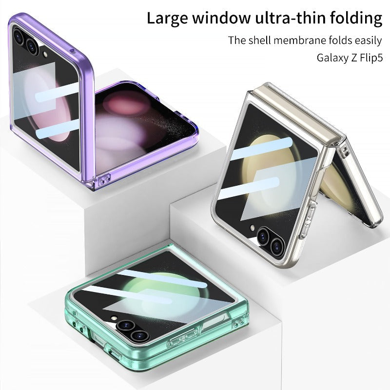 Großes Fenster, faltbares, schlankes, transparentes Telefongehäuse mit gehärteter Glasfolie für Samsung Galaxy Z Flip 5