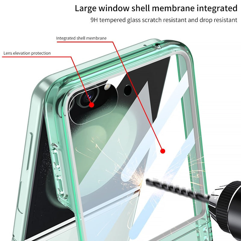 Großes Fenster, faltbares, schlankes, transparentes Telefongehäuse mit gehärteter Glasfolie für Samsung Galaxy Z Flip 5