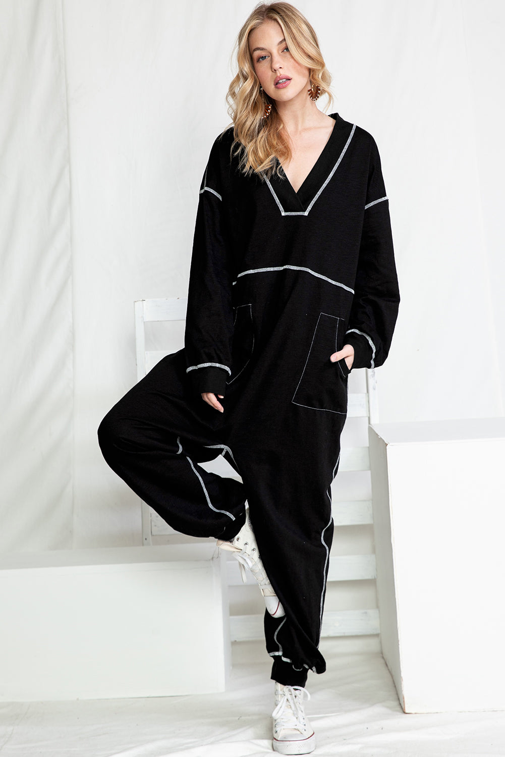 Schwarzer Exponierter Naht Übergroßer Drop Waist Jumpsuit