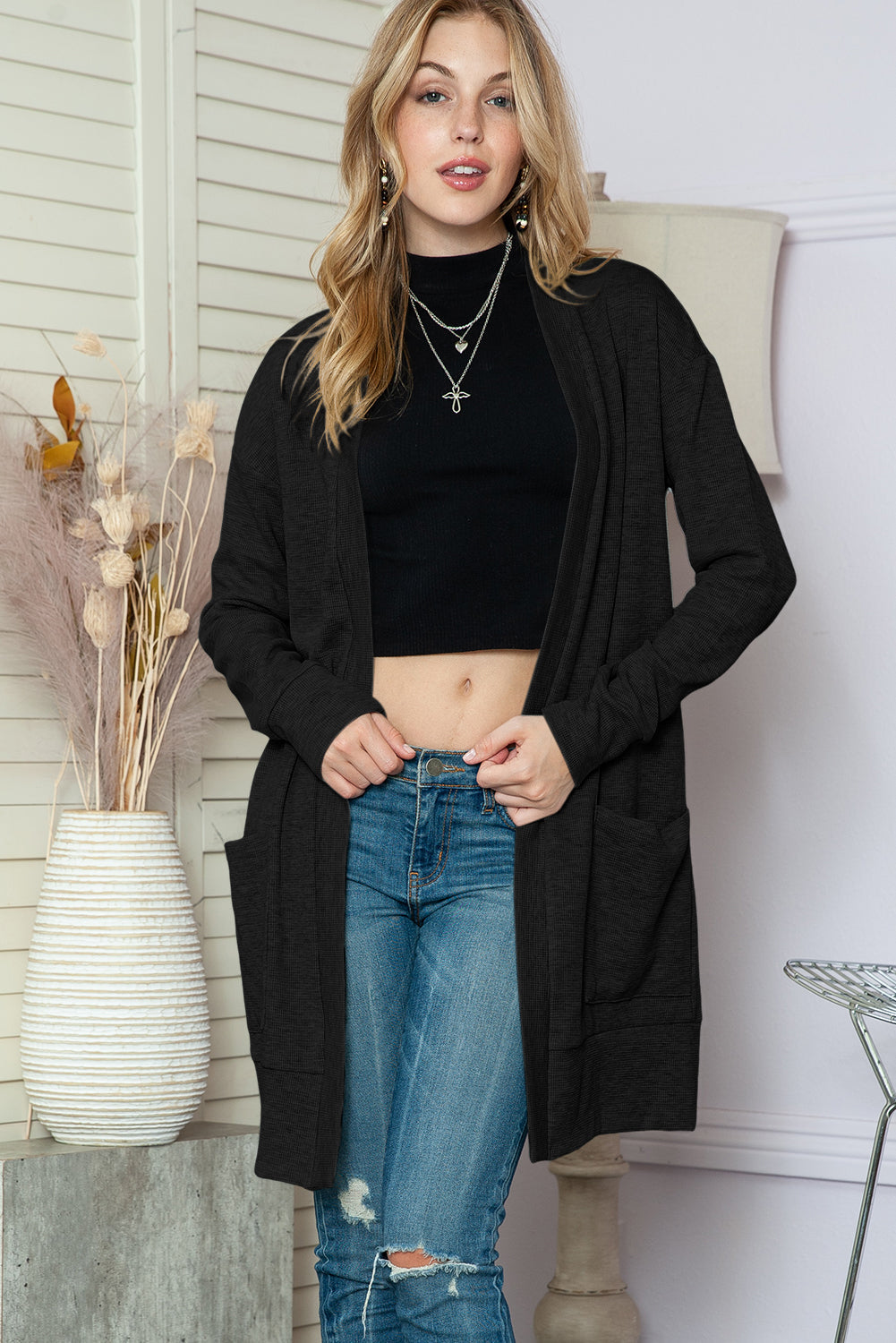 Schwarzer gerippter Strick cardigan mit offenen Vorderseite und Taschen