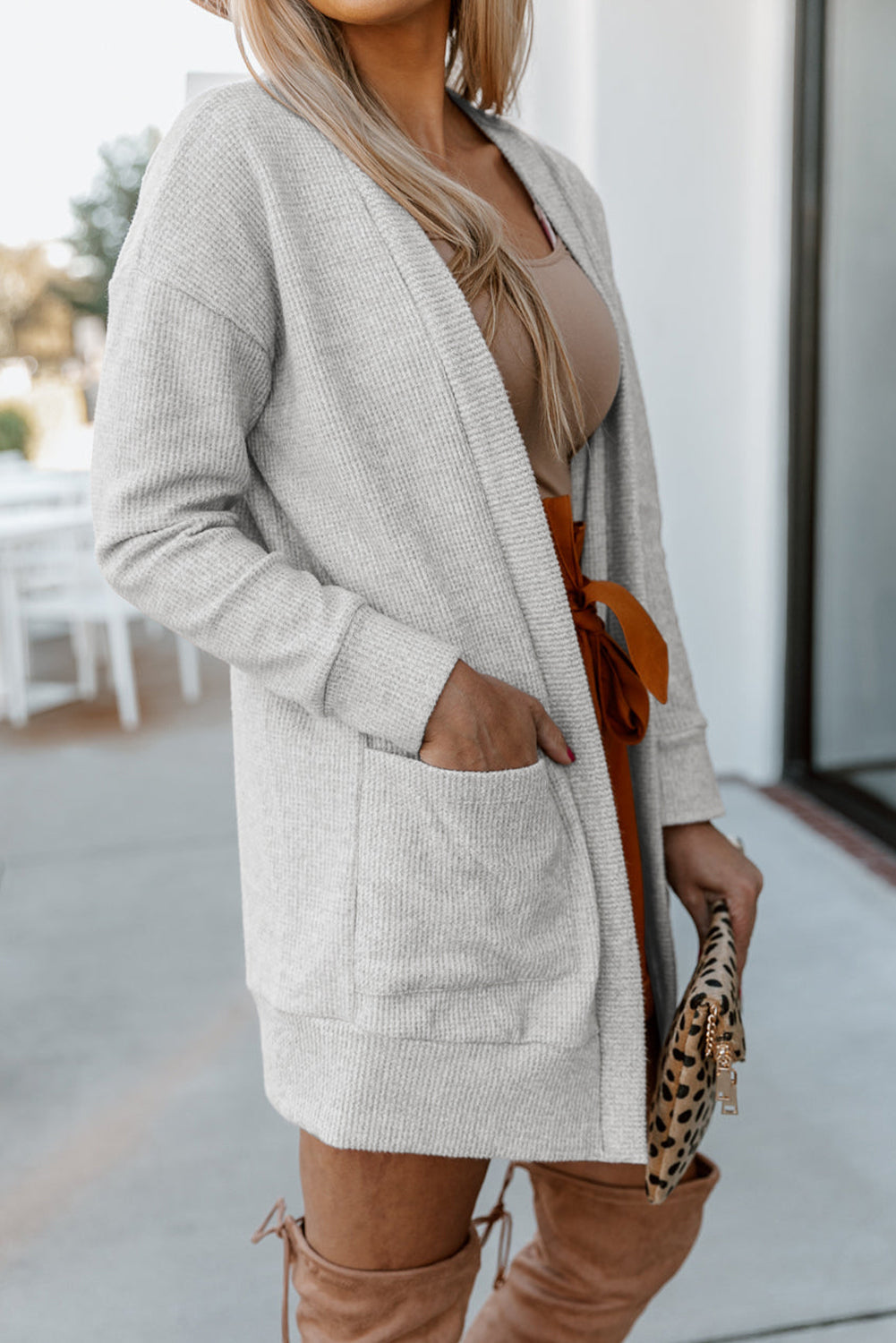 Schwarzer gerippter Strick cardigan mit offenen Vorderseite und Taschen