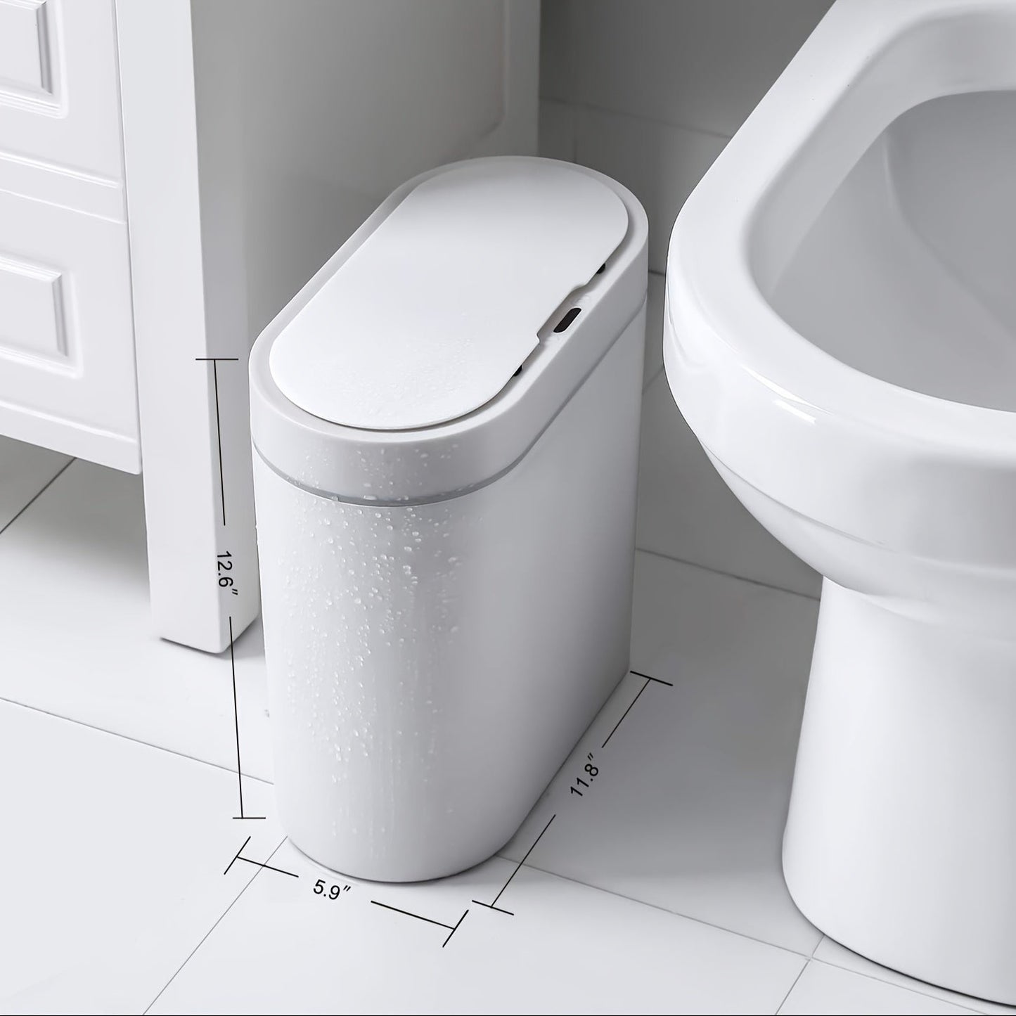 2,5 Gallonen schlanker automatischer Badezimmer-Mülleimer – wasserdichter Bewegungssensor, 9,5 l Fassungsvermögen, schmales Design für Schlafzimmer, Büro und kleine Räume