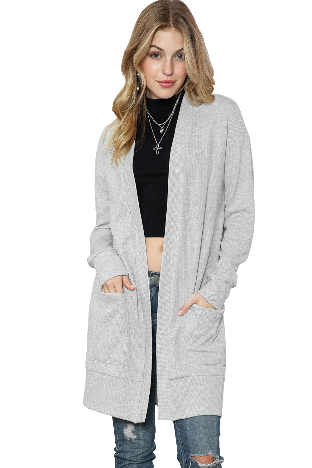 Schwarzer gerippter Strick cardigan mit offenen Vorderseite und Taschen