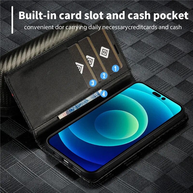 Samsung S23 Handyhülle | Kartenhalter aus Karbonfaser-Leder mit Magnetverschluss