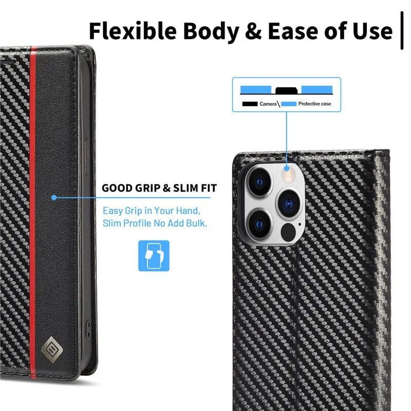 Samsung S23 Handyhülle | Kartenhalter aus Karbonfaser-Leder mit Magnetverschluss