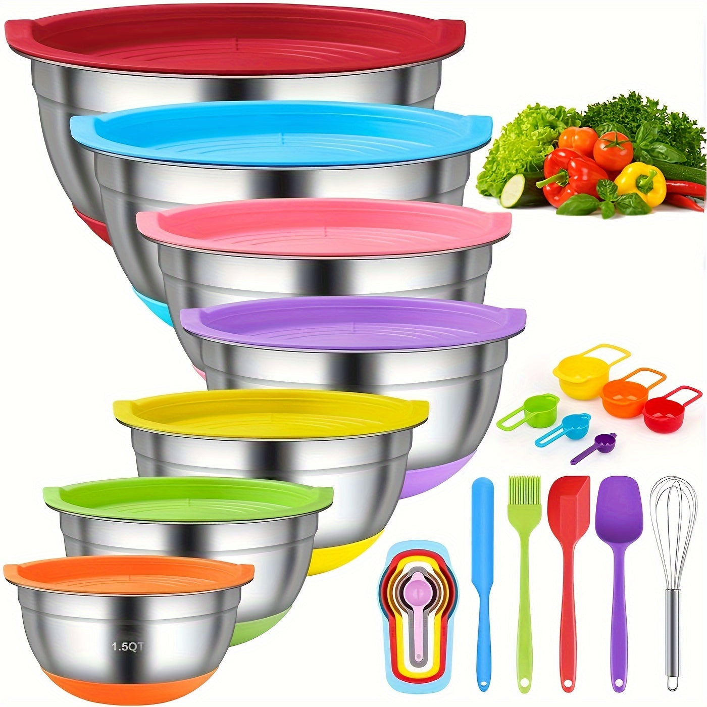 18-teiliges Set aus Edelstahl-Rührschüsseln – Airtight-Deckel, rutschfester Silikonboden, farbenfroh, langlebig, leicht zu lagern, ideal zum Mischen, Servieren und Lagern