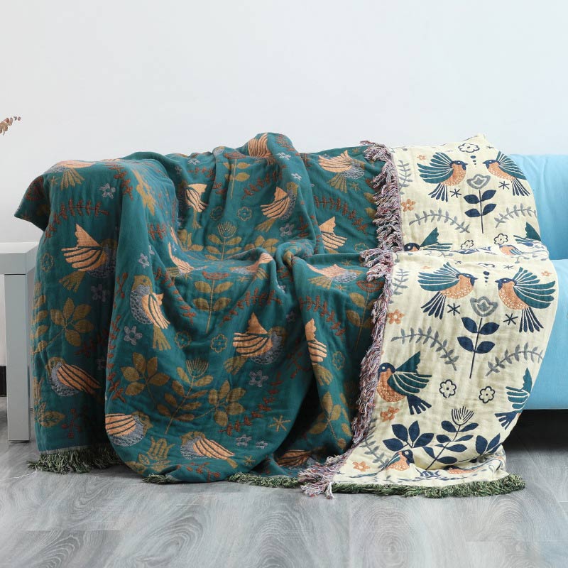 Boho Atmungsaktive Wendedecke mit Blumen und Vögeln
